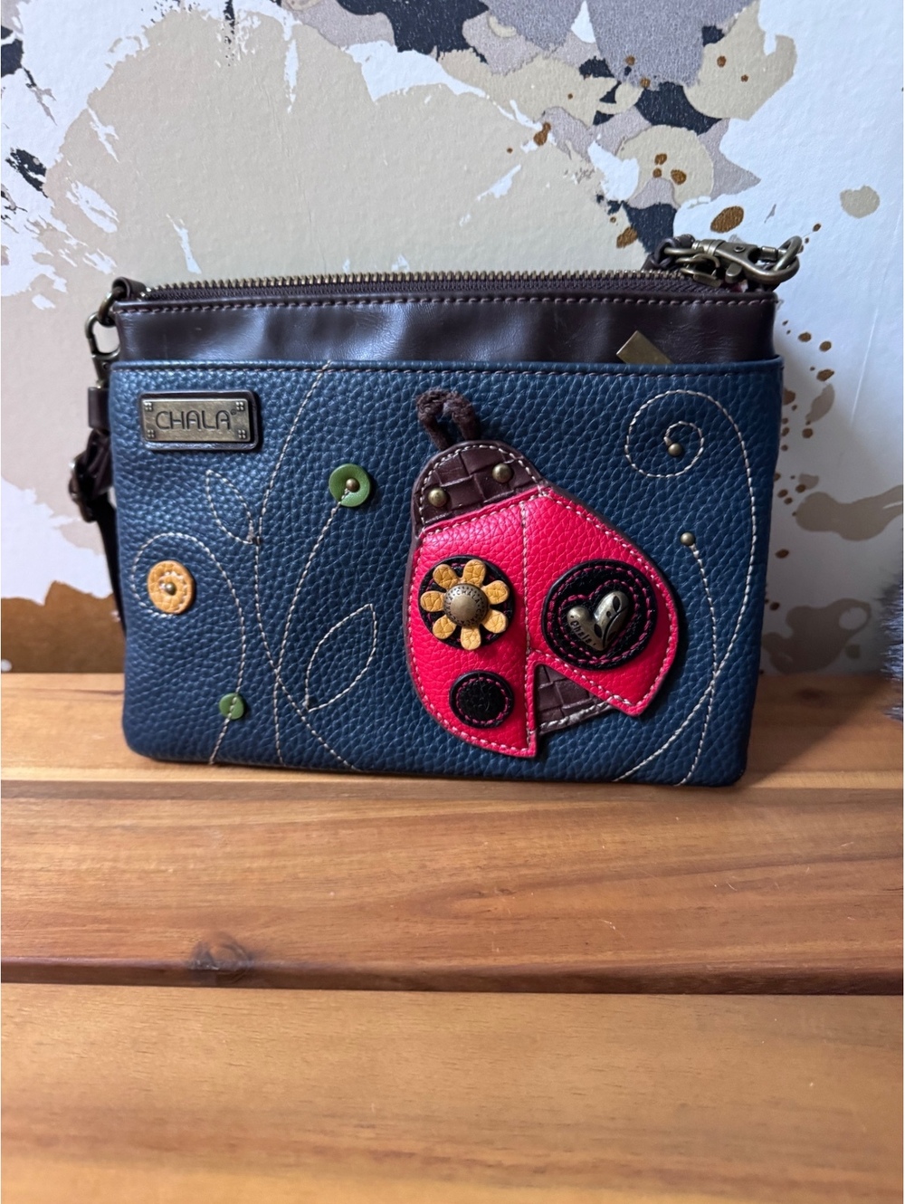 CHALA Handbags Ladybug Crossbody Bag Faux Leather Convertible Clutch Navy Brown